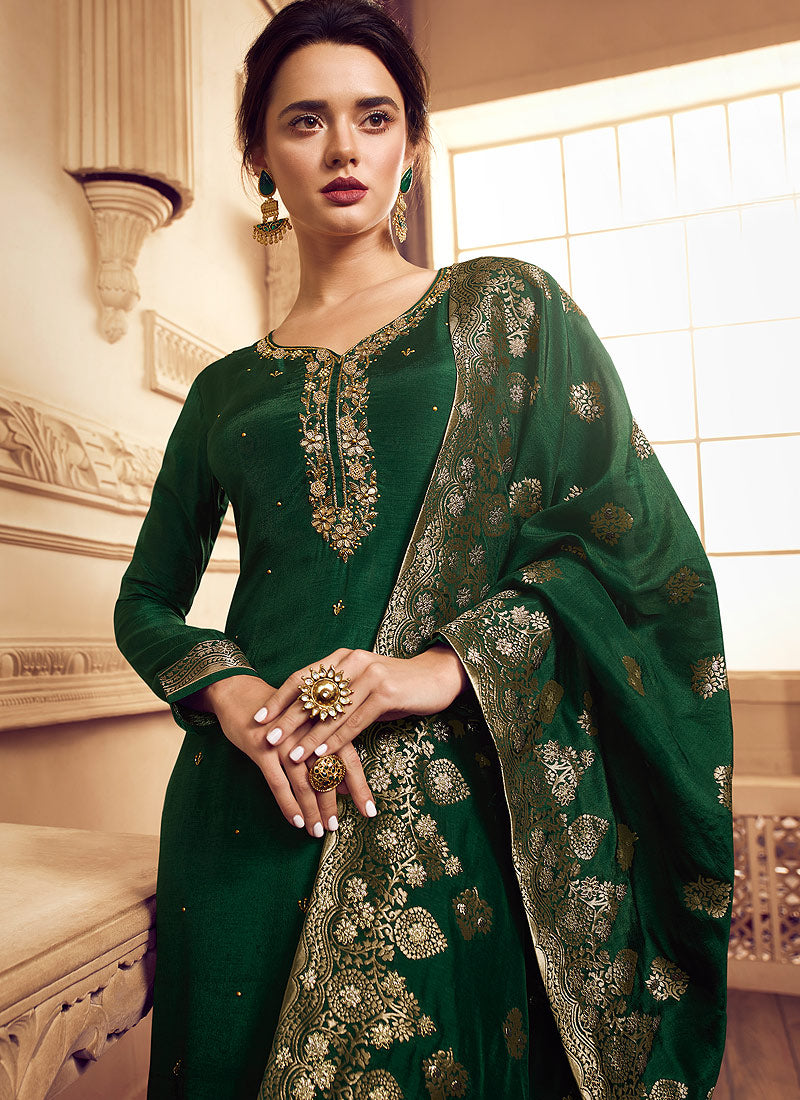 Dark Green Golden Embroidered Designer ...